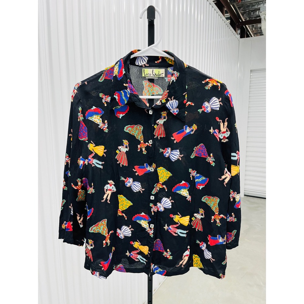 Loco Lindo Button Up Top Black XL Vintage Rayon Novelty Print Dance Made in USA
